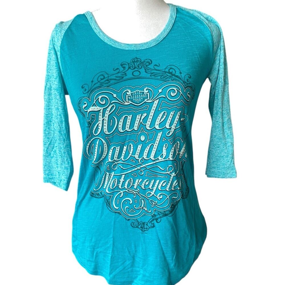 Harley Davidson Raglan Top Women S L/S turquoise Rhinestone Tee Shirt Motorcycle